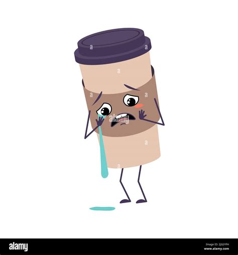 Cute Cup Of Coffee Character With Crying And Tears Emotions Face Arms