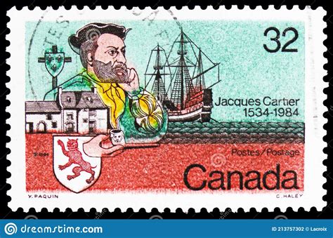 postage stamp printed in canada shows jacques cartier circa 1984 editorial photography image