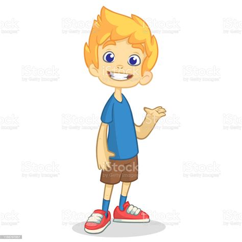 Cute Cartoon Blonde Boy Waving And Smiling Stock