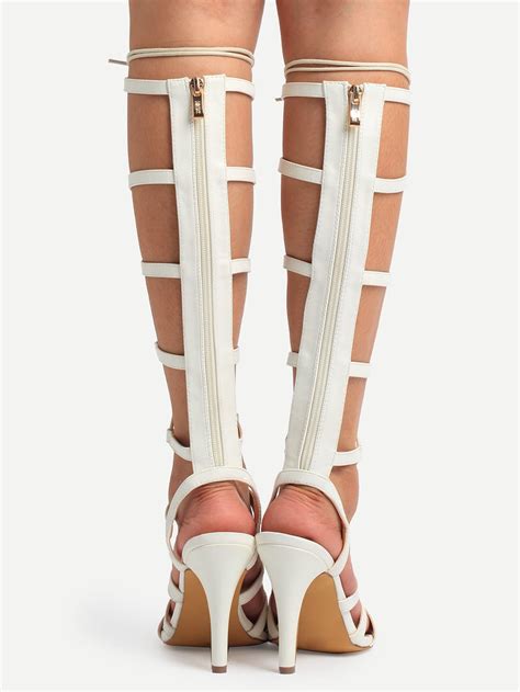 Strappy Lace Up Knee High Heeled Sandals White Sheinsheinside