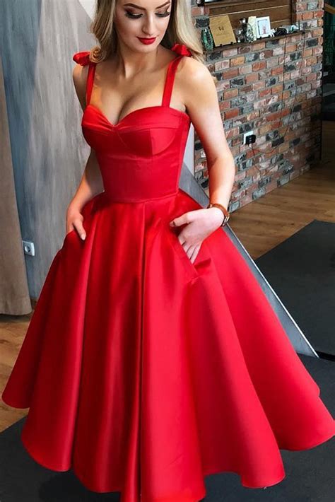 Macloth Straps Sweetheart Midi Prom Homecoming Dress Red Formal Evenin