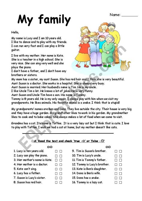 Reading comprehension, passage completion, paragraph grammar. family reading comprehension with exercises - ESL ...