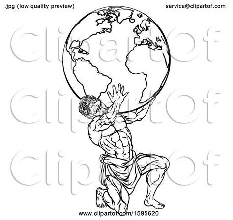 Clipart Of A Lineart Black And White Atlas Titan Man Carrying A Globe