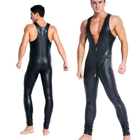 sexy männer kunstleder bodysuit wetlook spielanzug overall catsuit clubwear strampler ebay