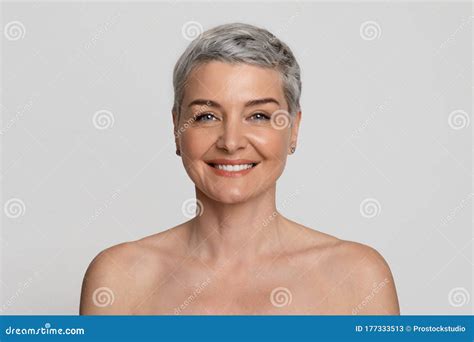 Beauty Portrait Of Attractive Nude Mature Woman With Short Hair Stock