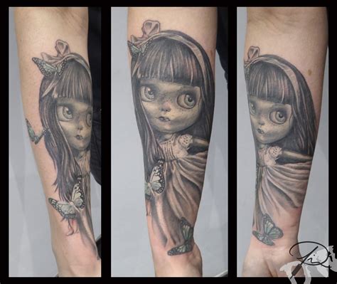 doll tattoo blythe doll fanart cute black n grey girly female tattoo by jim dw