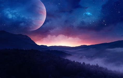 Wallpaper The Sky Night Stars Forest Planet Dawn Landscape