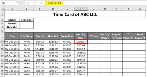 Timecard Template In Excel Recording Data Using Timecard Template