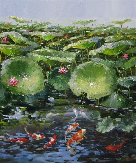 Koi Fish And Lotus Painting By Enxu Zhou Fine Art America