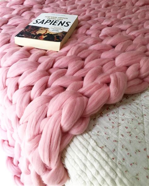 Chunky Knit Light Pink Blanket Throw Hand Knit 100 Merino
