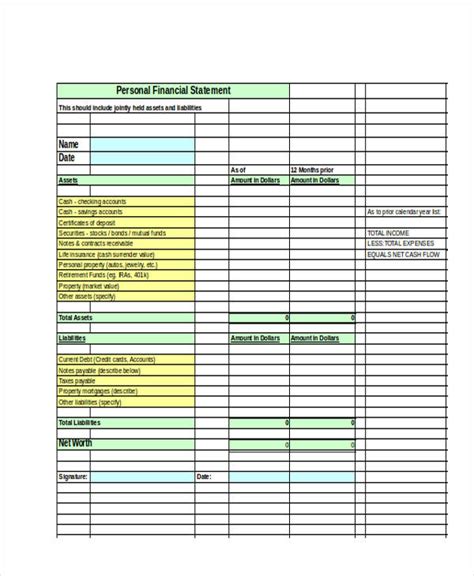 Personal Financial Statement Template In Excel