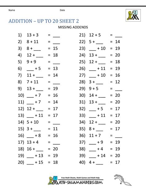 Math Addition Facts To 20