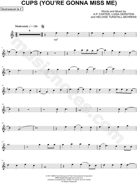 Cups Youre Gonna Miss Me C Instrument From Pitch Perfect Sheet
