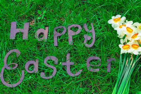 Inscription Happy Easter Bouquet Of Daffodils Stock Image Image Of
