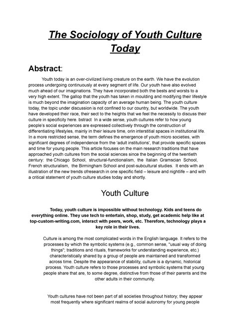 Youth Culture Report 1 The Sociology Of Youth Culture Today Abstract
