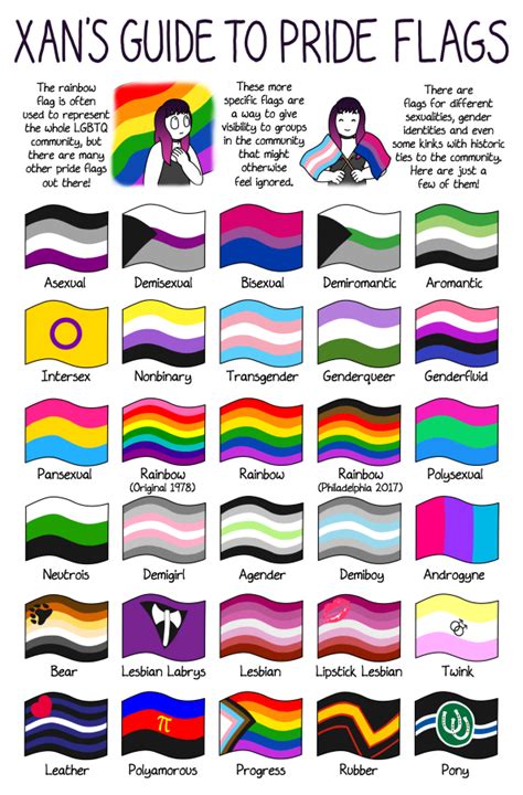 a poster with different colors and symbols on it including the names of pride flags