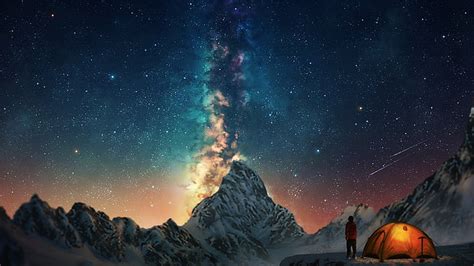 Hd Wallpaper Fantasy Sky Aurora Australis Camping Comet Mountain