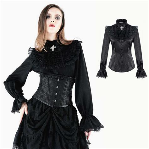 Dark In Love Black Satin Gothic Bluse Abnehmb Spitzen Jabot U Kreuz Victorian Ebay