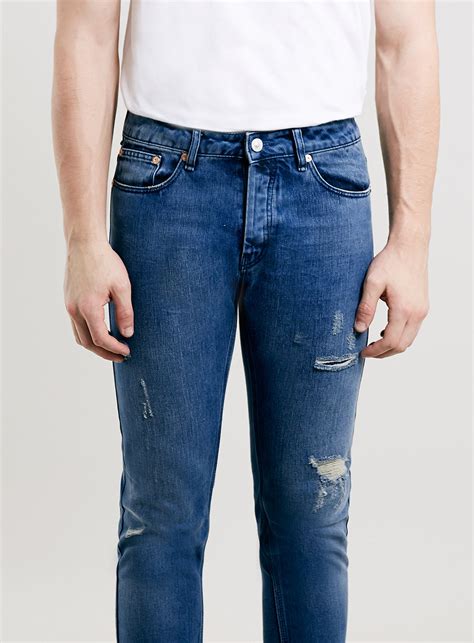 Topman Mid Wash Rip And Repair Classic Skinny Fit Jeans In Blue For Men Lyst