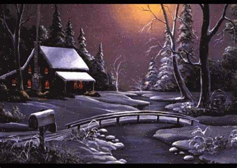 Winter Night Bridge Painting Cottage Art Mriver Cabin Wallpaper Wide