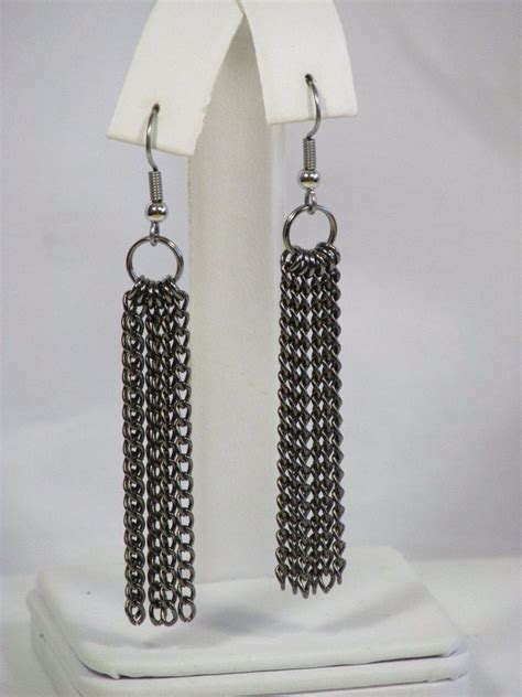 Gunmetal Chain Earrings Black Fringe Earrings Stainless Steel Hooks