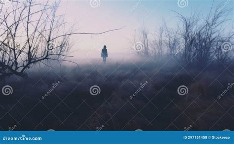 Ethereal Journey A Haunting Walk Through Misty Fields Stock