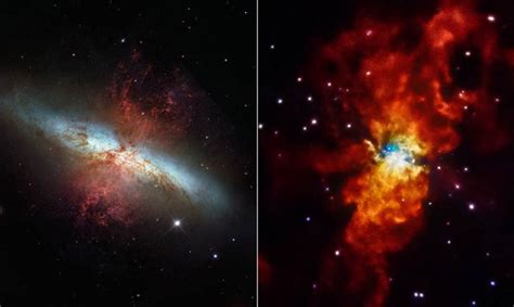 The Galaxy Messier 82 M82 Is Seen Here In Two Different Lights A