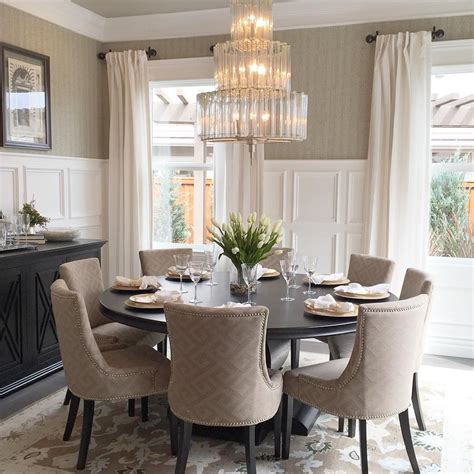 Elegant Dining Room With Round Table And 8 Upholstered Chairs Tall