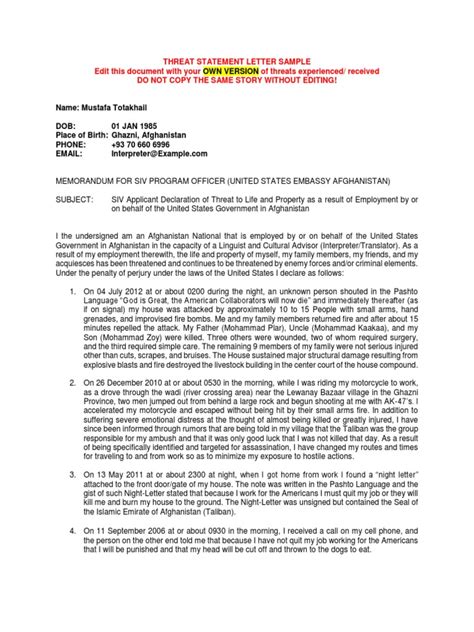 Threat Statement Letter Sample Pdf Conflicts Violence