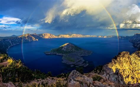 Crater Lake Rainbows Island Lake Forest Mountain