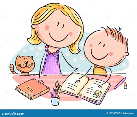 mother helping son with homework room interior on background vector illustration