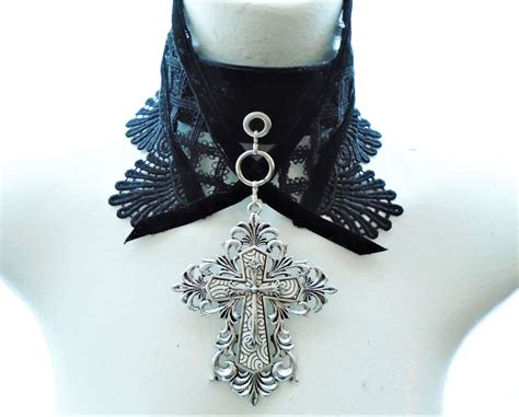 Priestess Large Gothic Ornate Cross Velvet Choker O Ring Venise Lace Choker Gothic Collar
