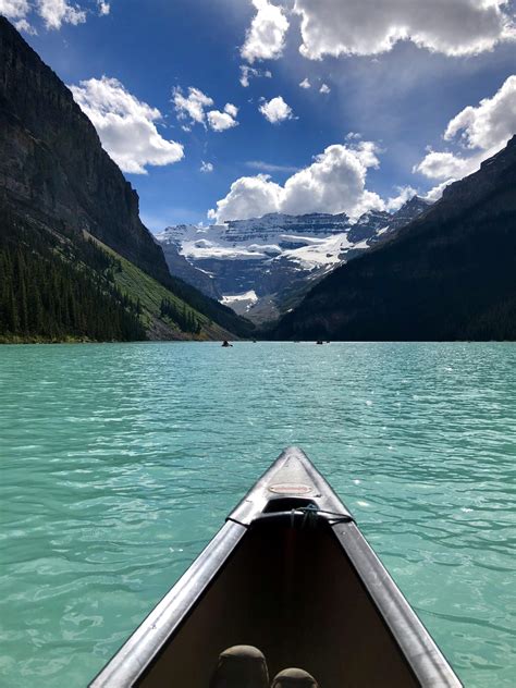 Canoeing Towards The Victoria Glacier Lake Louise Banff National Park