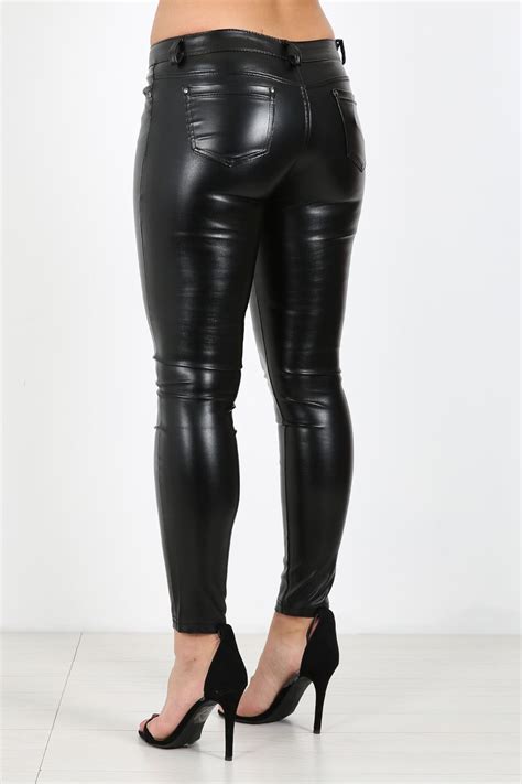 Womens Ladies Black Wet Look Skinny Jeans Pu Leggings Leather Pvc Trouser Ebay