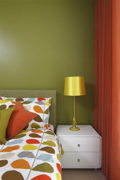 Walls painted in the muted hue automatically implant a cool earthy touch into any space. Retro Green and Orange Bedroom - Modern - Bedroom - london ...