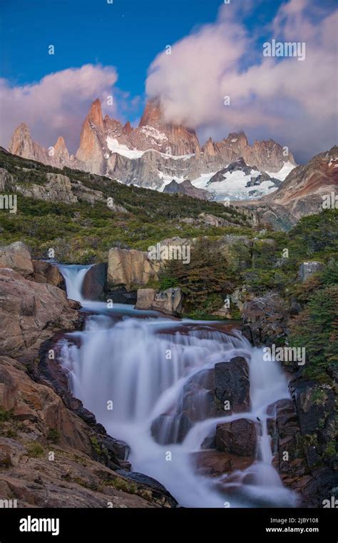 Waterfall With Mt Fitz Roy In The Background Los Glaciares National