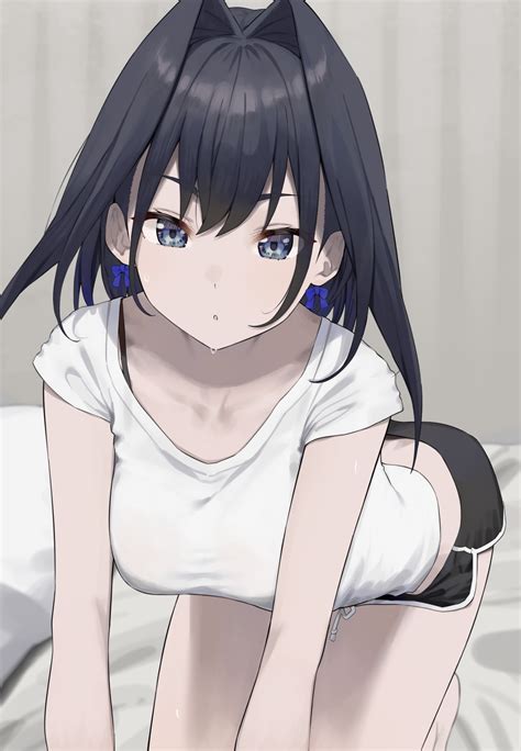 wallpaper looking at viewer digital art anime girls black hair bent over sweating white