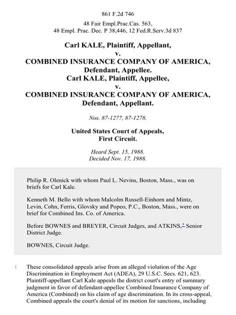 Combined insurance company of america. Carl Kale v. Combined Insurance Company of America, Carl Kale v. Combined Insurance Company of ...