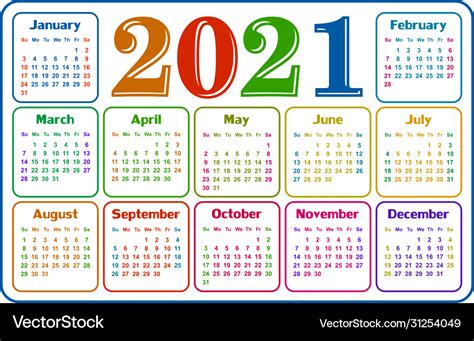 Calendar For 2021 Royalty Free Vector Image Vectorstock