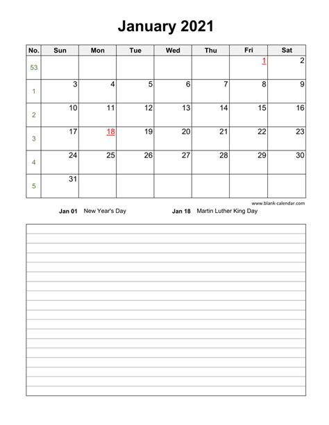 Download January 2021 Blank Calendar With Space For Notes Vertical