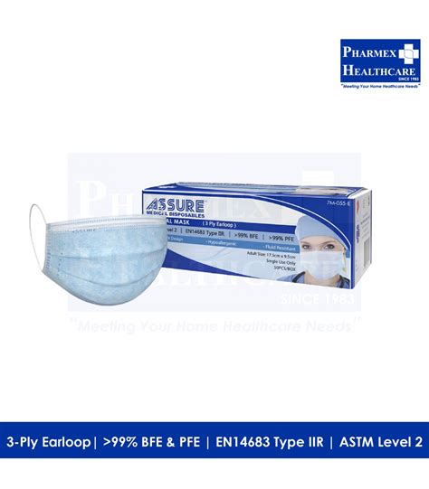 Assure Surgical Mask 3 Ply Earloop Disposable 50 Pcsbox Pharmex