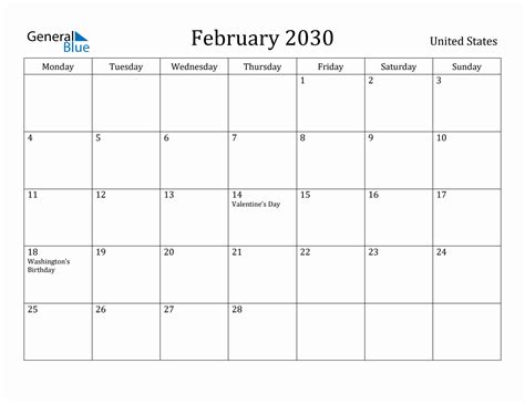 February 2030 Monthly Calendar With United States Holidays