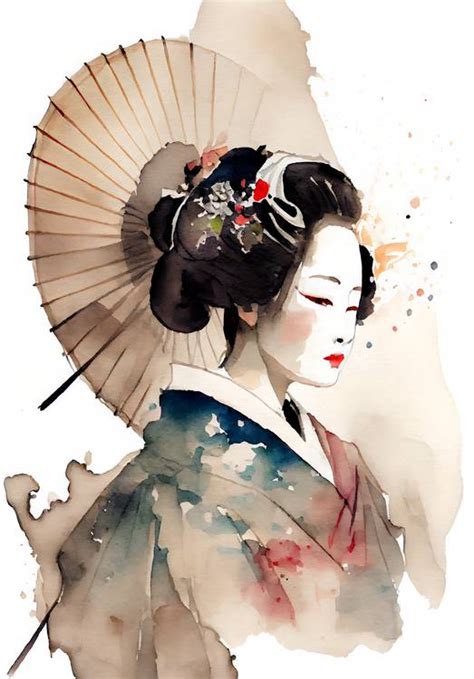 Traditionelle Japanische Geisha Mit Kimono Und Sonnenschirm Aquarell Als Kunstdruck Oder Gemälde