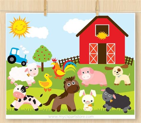 Farm Animals Clipart Red Barn Tractor Sheep Pig Rooster Puppy