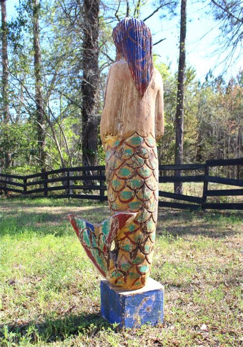 Wooden Hand Carved Mermaid Standing Statue Folk Art Painted Nautical 4