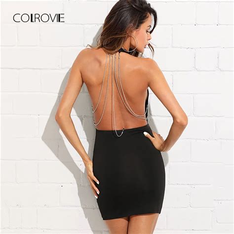 Colrovie Plunging V Neckline Surplice Backless Halter Dress Summer Plain Woman Clothing