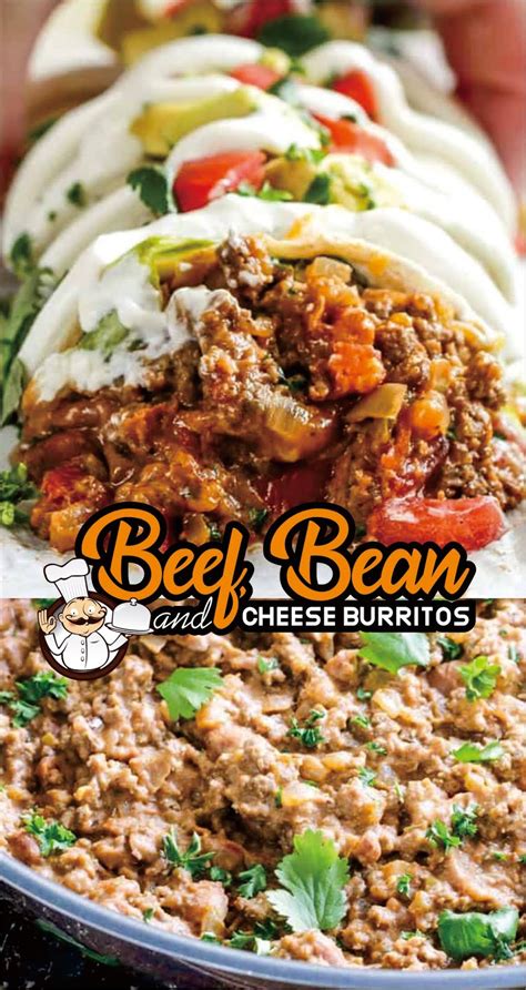 Beef and refried bean burritos with a homemade tomato based sauce. Beef, Bean and Cheese Burritos - Easy Kraft Recipes