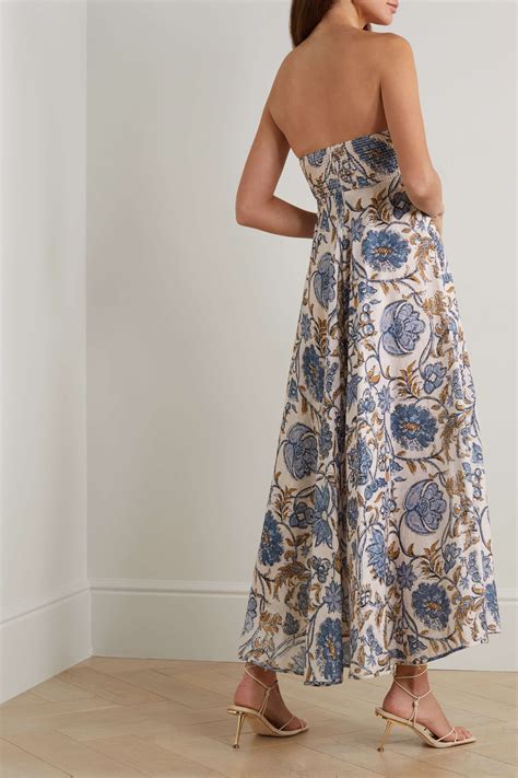 Blue Vitali Strapless Floral Print Linen Midi Dress Zimmermann Net A Porter