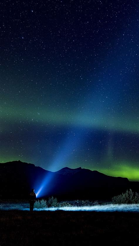Download Wallpaper 800x1420 Starry Sky Silhouette Northern Lights