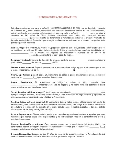 Modelo Contrato De Arrendamiento Local Comercialdoc Información Del